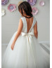 Pearl Neck Ivory Satin Tulle Flower Girl Dress